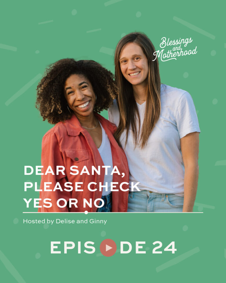 Delise and Ginny on a green background with a text overlay that says "Dear Santa, Please Check Yes Or No"
